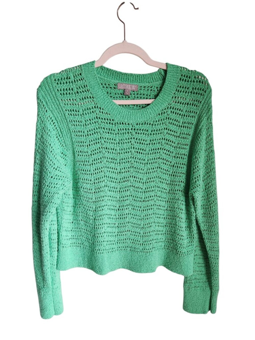 J Crew Sweater Women's Green Medium Open Knit Pointelle Crewneck Pullover